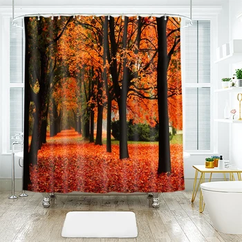 

3d Landscape Trees Pattern Red Fallen Leaves Shower Curtains Waterproof Thickened Bath Curtains for Bathroom Customizable