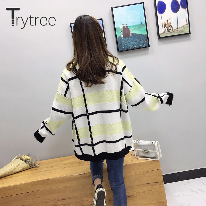 Trytree/осенне-зимний женский свитер, Повседневный Кардиган на пуговицах с v-образным вырезом, однобортный полосатый компьютерный вязаный свитер 3 цветов