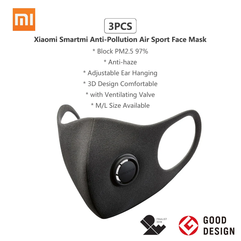 3 шт. Xiaomi Smartmi анти-загрязнения воздуха спортивная маска для лица респираторы блок PM2.5 дымка анти-дымка Регулируемый уха Висячие 3D дизайн