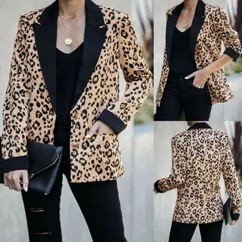 

Womens Autumn Leopard Coat Long Jacket Cardigan Casual Lapel Outwear Blazer Tops
