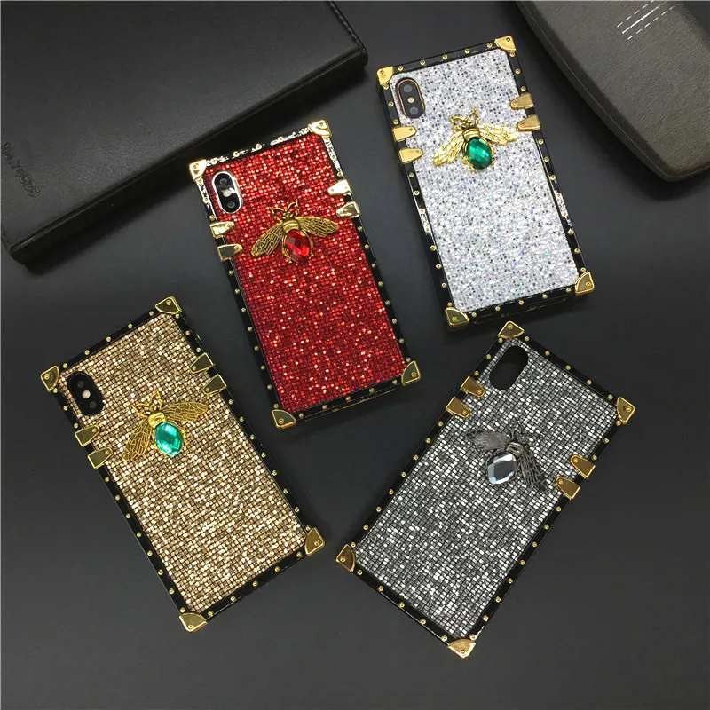 

Luxury Bling Diamond Bee Case For iPhone X XS Max XR Fashion Brand Square Plaid Cover Phone Cases for iphone 7 Plus 8 6 6S Funda
