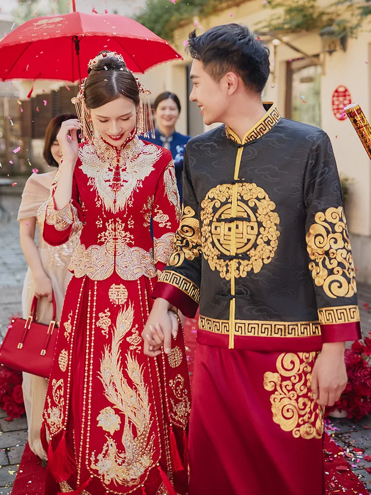 Chinese Style Traditional Bride Bridegroom Wedding Dresses Ancient Red Phoenix Choengsam Vestidos Qipao