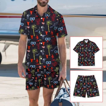 

2020 New Arrival Men's Beach 2 Piece Suits Male Quick-drying Beach Pants Suit Straight Casual Print Tops+Shorts For Men