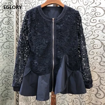 

High Quality Jackets 2020 Autumn Fashion Tops Coat Cardigan Women Hollow Out Lace Embroidery Patchwork Long Sleeve Zipper Coat