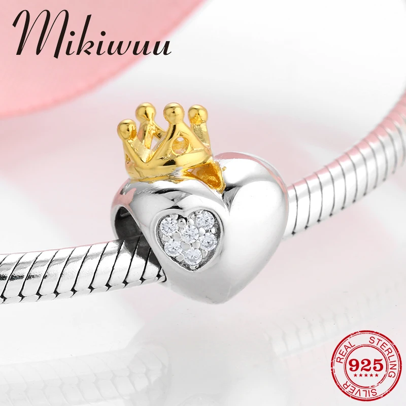 

925 Sterling Silver Princess sweet Love heart with Crown Bead Jewelry making fit Original Pandora Charm Women Bracelets