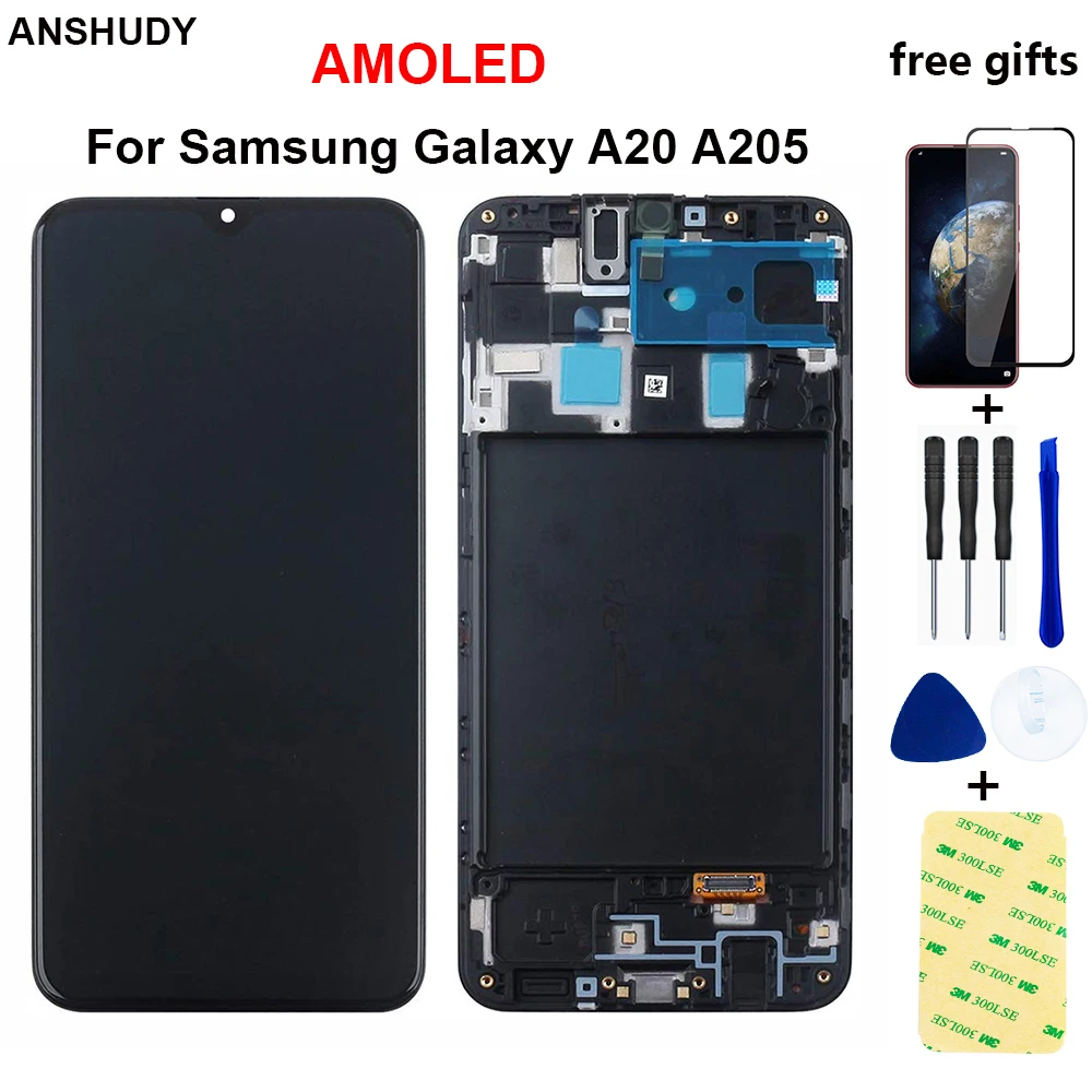 

AMOLED For Samsung Galaxy A20 A205 SM-A205F LCD Touch Screen replacement for Samsung A20 A205 A205F LCD display With Frame