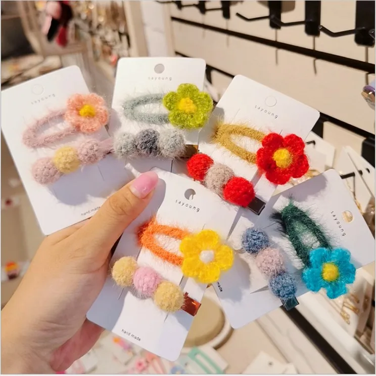 

New INS Autumn And Winter Wool Flower Hairpin Ball Hairpin Girl Wild Bangs Hair Clip Headwear Hair Accessories