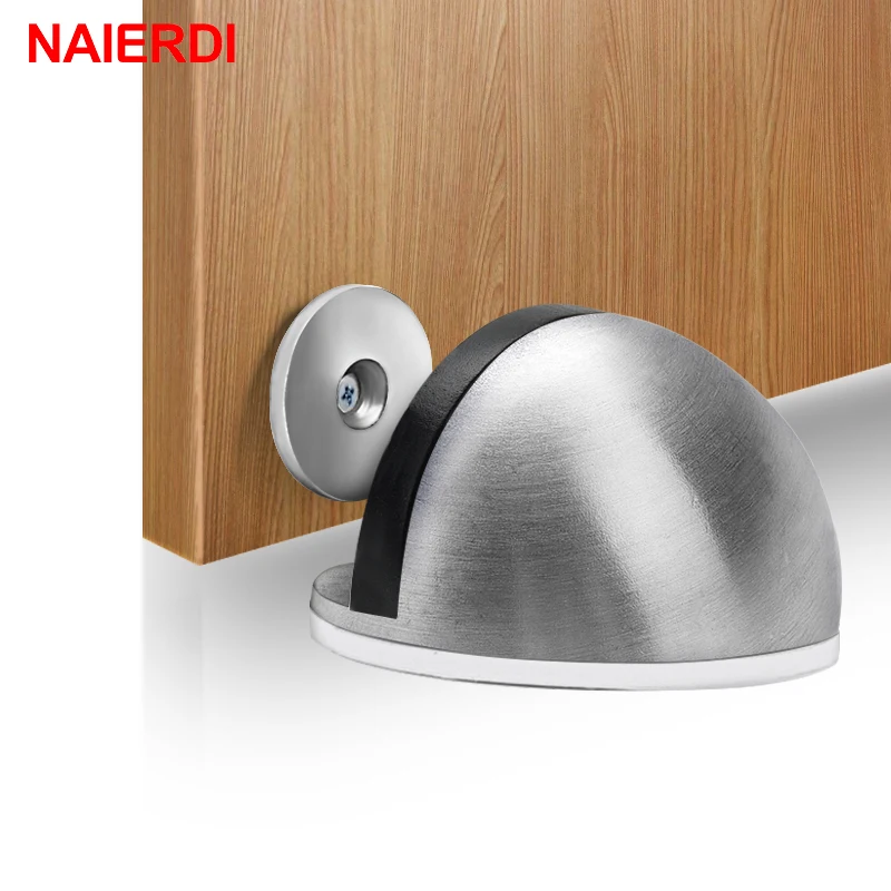 NAIERDI-Tope de puerta magnético de goma de acero inoxidable, soportes de puerta ocultos con antiperforación pegatina, sin clavos montados en el suelo, modelo DS-09