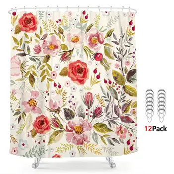 

Pink Floral Shower Curtain Include Metal Hooks 12 Pack Rose Flower Green Leaf Spring Shower Curtain Panel Polyester Waterproof