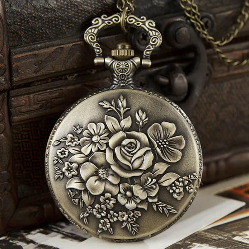 rose chain watch Flower Rose Pocket Watch Fob Clock with Chain Blossom Engraved Clock Men Blossom Bronze Case Watch Vintage Watches for Men Women - Цвет: rose chain watch