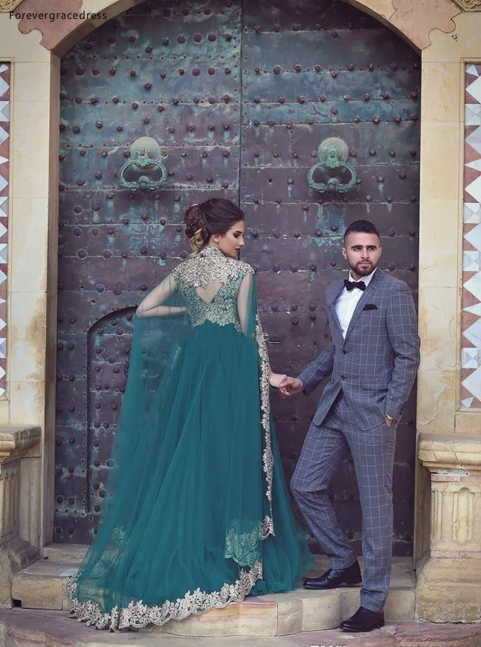 Appliqued Sequins Tulle Evening Dresses 2018 Newest Arabic Muslim Formal Celebrity Dress Kfatan Abaya Party Gowns with Detachable Cape  179 (4)