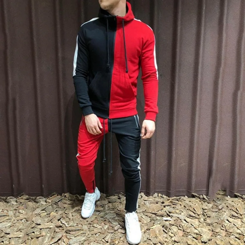 Blog Jogger Sets Sportswear Mens Hoodie Gym Zip Drawstring Pocket Striped Splicing Slim Fit Racksuit Set chandal hombre