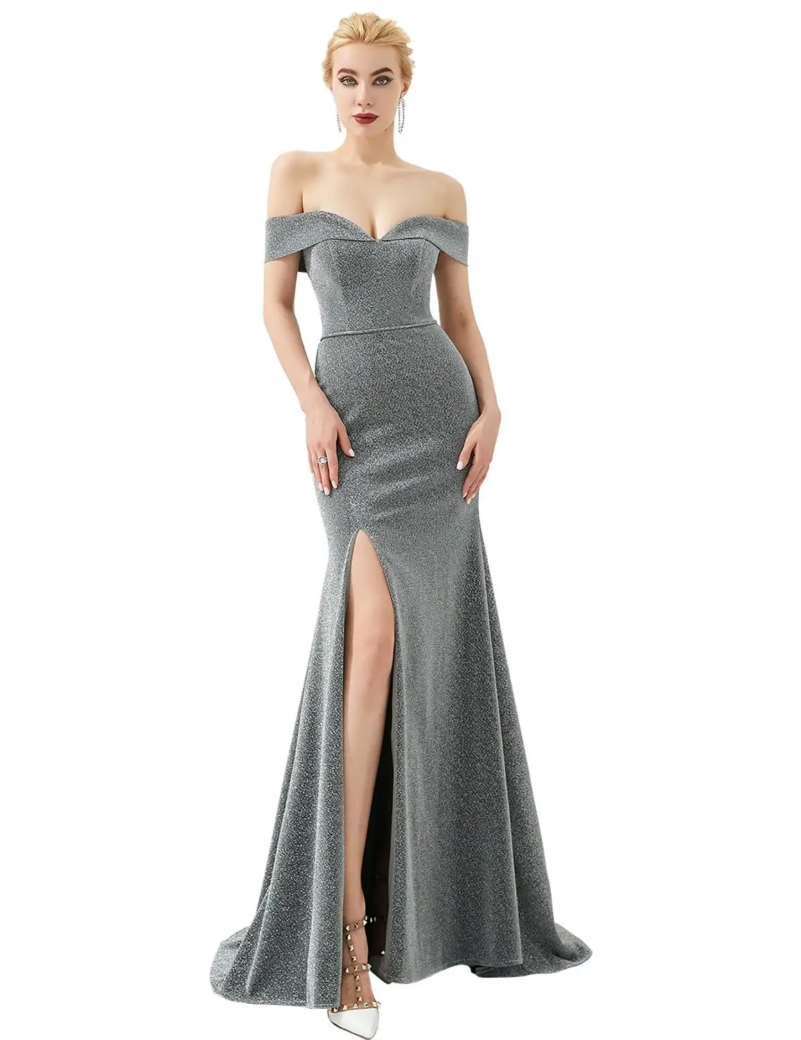 

Elegant Off Shoulder Giltter Long Mermaid V-Neck Evening Dresses with Slit Floor Length Grey Formal Prom Party Dresses for Women