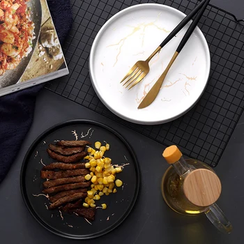 

LBER 20Cm Gold Black Marble Ceramic Dish Porcelain Cutlery Set Kitchen Table European Decorative Dessert Steak Plate