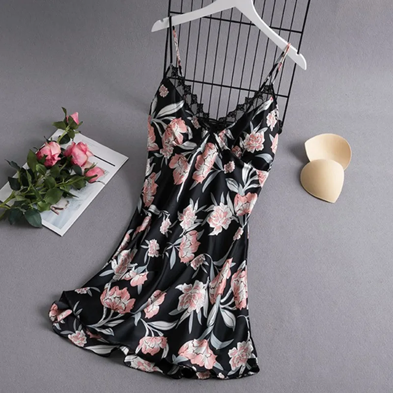 

Black Nightgown Sexy Rayon Sleepdress Print V-Neck Short Slip Dress Satin Nightdress Sleepwear Summer Home Dressing Gown
