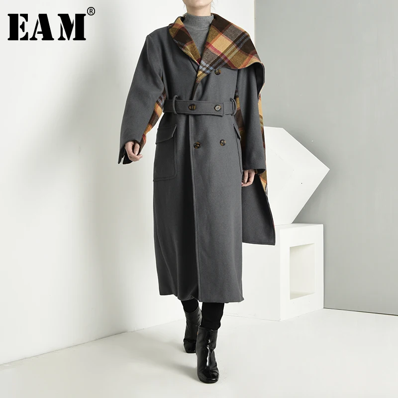 [EAM] Свободное длинное серое клетчатое шерстяное пальто большого размера, парка, новинка, длинный рукав, женская мода, Осень-зима, 1D3550