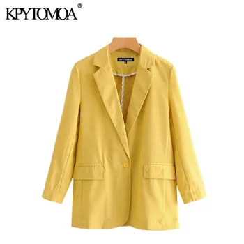 

KPYTOMOA Women 2020 Fashion Office Wear Single Button Blazer Coat Vintage Long Sleeve Pockets Female Outerwear Chic Tops