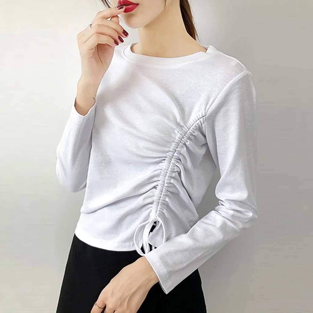 Women Korean Drawstring Fold Loose Long Sleeve O-Neck Bottoming Shirt Casual Top