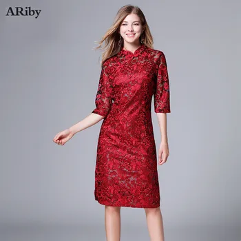

Ariby Plus Size Women Dress Autumn Chineses Style Lace Big Size Red Color Slim Tunic Cheongsam Knee Length Elegant Dress