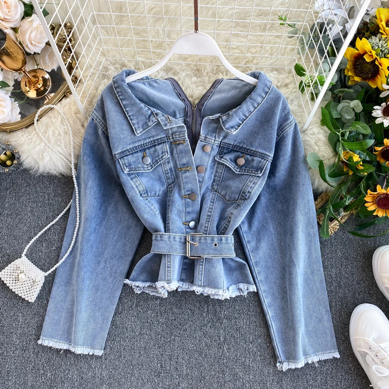 

FMFSSOM Spring Summer Chic Back Zipper Single Breasted Sashes Long Sleeve Denim Outerwear Women Lady Jacket