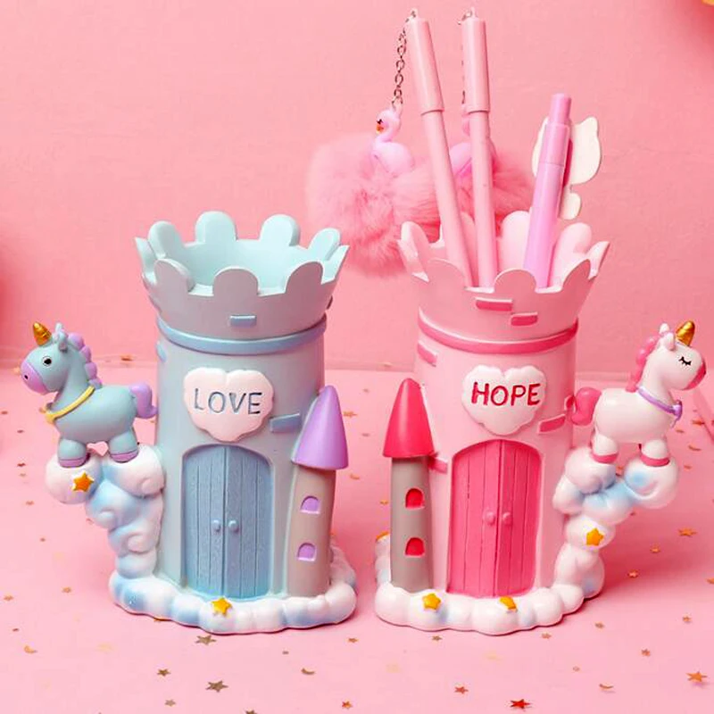 

Kawaii Cartoon Unicorn Castle Multifunction Pen Holder Creative fashion stationery cosmetic storage desktop Resin decoration