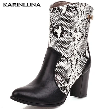 

women's New Arrivals Plus Size 43 Winter Shoes Fashion High Heels Slip On Patchwork Snake Printed Western Boots