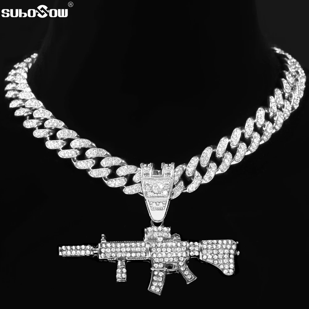 Unisex Iced Out Bling Submachine Gun Pendant Necklace 13mm Miami Cuban