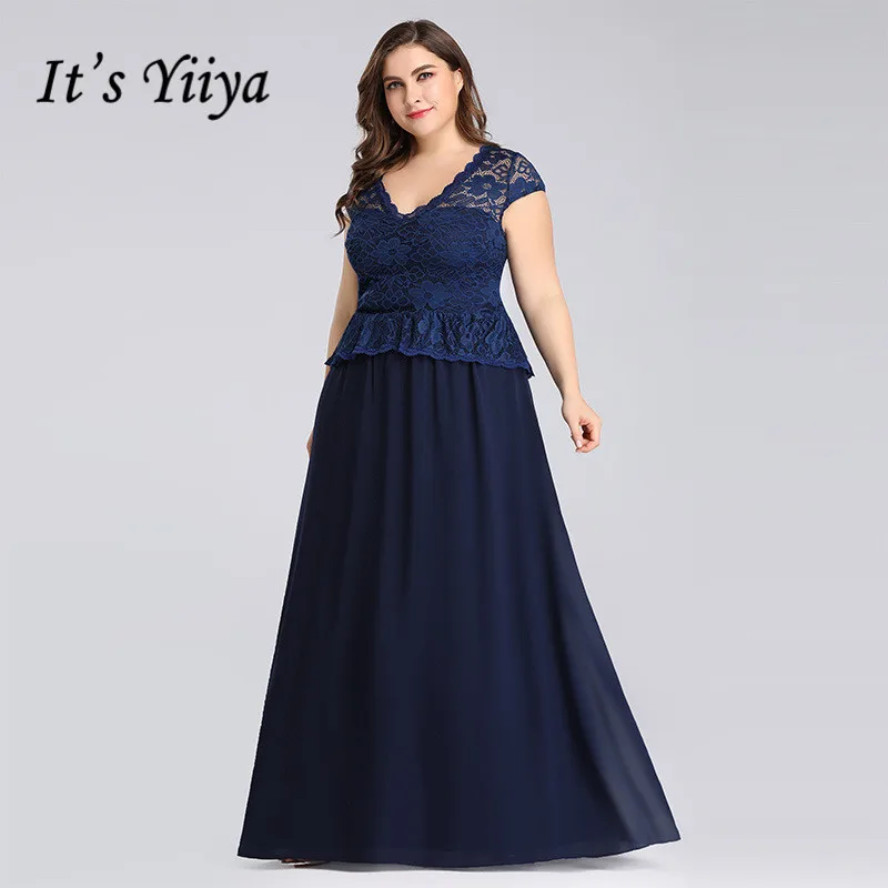 navy blue It's Yiya вечернее платье с v-образным вырезом De Soiree элегантные женские вечерние платья больших размеров кружевные вечерние платья на молнии C551 - Цвет: navy blue