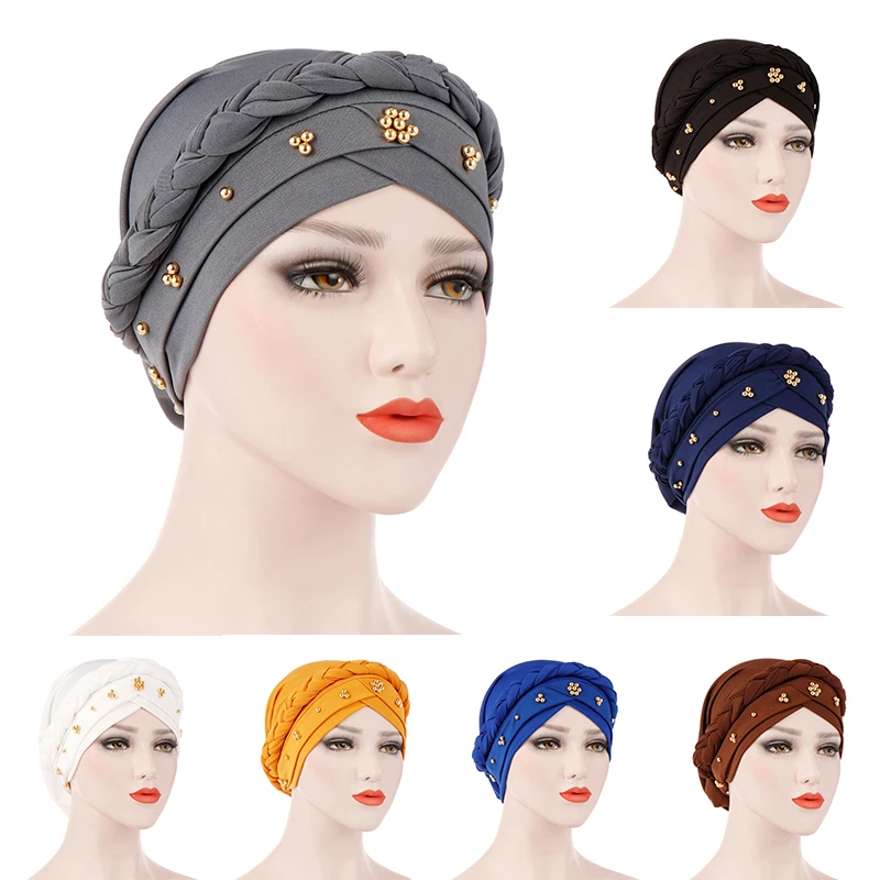 

Muslim Turban Scarf Bandans Beaded Caps Hijab Women Cotton Headwear Headwrap Pearl Head Wrap Twist Hair Band Accessoires