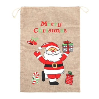 

Christmas Candy Gift Bag Linen Drawstring Bags Santa Claus Printed Decorations New Year Party Supplies