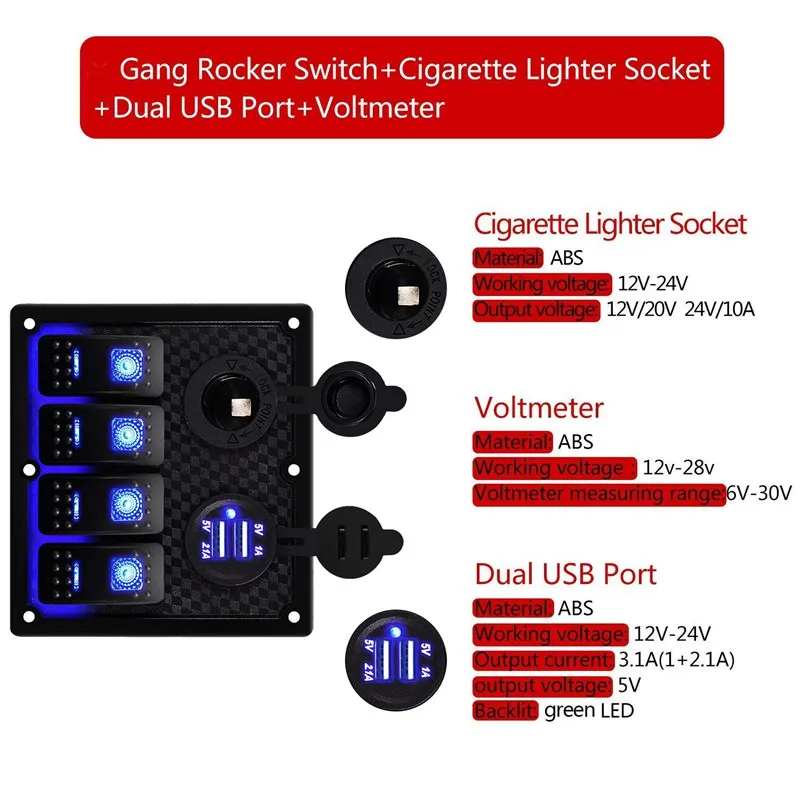 12 V-24 V 4 Gang морской катер автомобиля цепи RV светодиодный переключатель кулисный переключатель Панель выключатель вольтметр с предохранителем двойной USB кабель для зарядки для автомобилей класса RV лодка