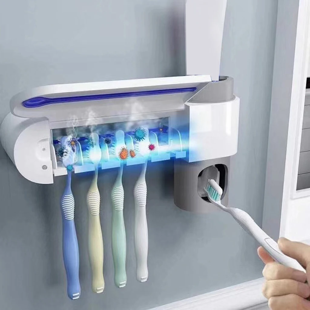

Bathroom UV Toothbrush Holder Toothpaste Dispenser With 5 Toothbrush Sterilizer Holder Wall Mounted with Sticker For Women Kids