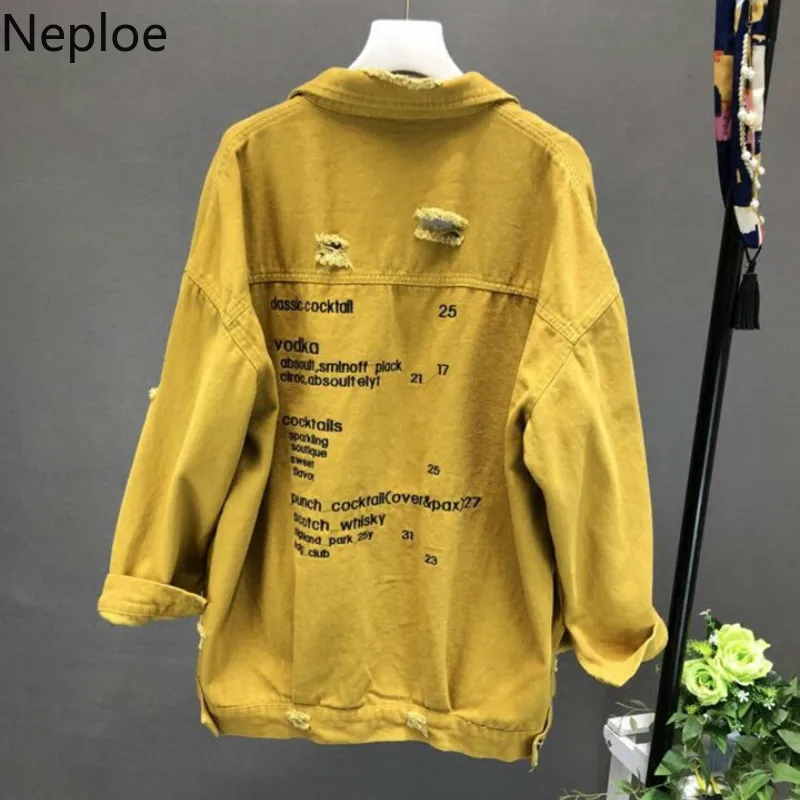 Neploe Koream джинсовые куртки женские с дырками с длинным рукавом винтажные джинсовые куртки свободные весна осень вышивка буквы пальто черная верхняя одежда