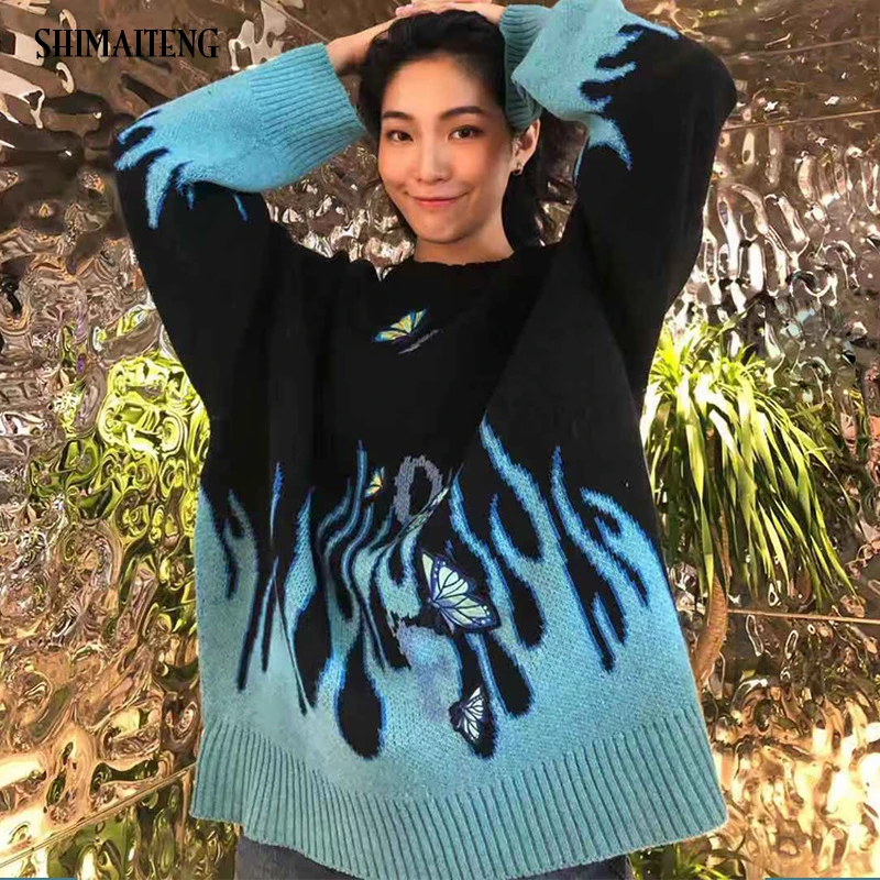 blue and black flame sweater