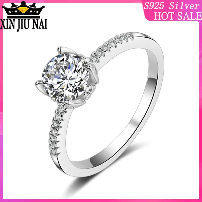 

925 sterling silver hollow ball micro-zircon four-claw single-drill lady's proposal crown ring platinum diamond rings for women