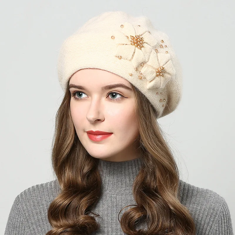 FS, осенне-зимние шапки для женщин, шапочки, стразы, цветы, мех кролика, шапка s, женская вязаная шапка, утолщенная теплая шапка