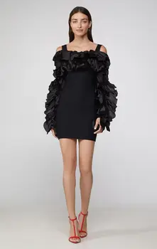 

Early Spring Summer New Model Elegant Black Sexy Slash Neck Ladies Draped Silk Satin Short Designer Dress