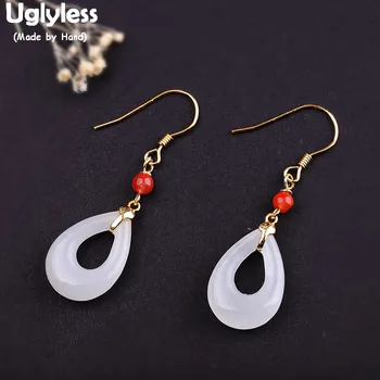 

Uglyless Fashion Simple Gemstones Water Drop Earrings Women Hollow Natural Jade Dangle Earrings 925 Silver Agate Brincos E1511