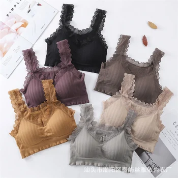 

Elegant Ruffles Lace Tube Tops Women Wide Strap Bandeau Top Female Sexy Seamless Lingerie Removable Padded Sports Bra Crop Top