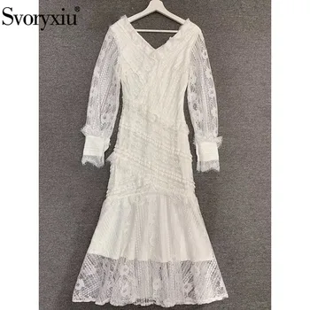 

Svoryxiu Runway Designer Elegant Party White Lace Mermaid Dress Women's Sexy V-Neck Lantern Sleeve Summer Midi Dresses Female
