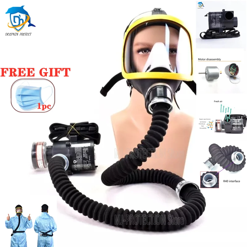 1Set Electric Supplied Air Fed Full Face Gas Mask Constant Flow Respirator System Device Breathing Tube Adjustable Mask - Famidy.com