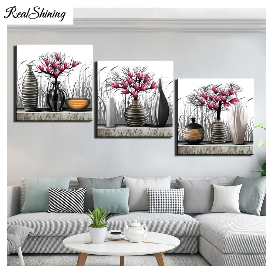 3 pcs Still Life Black and white art 5d diy diamond painting flower vase cross stitch full square round mosaic crafts | Дом и сад