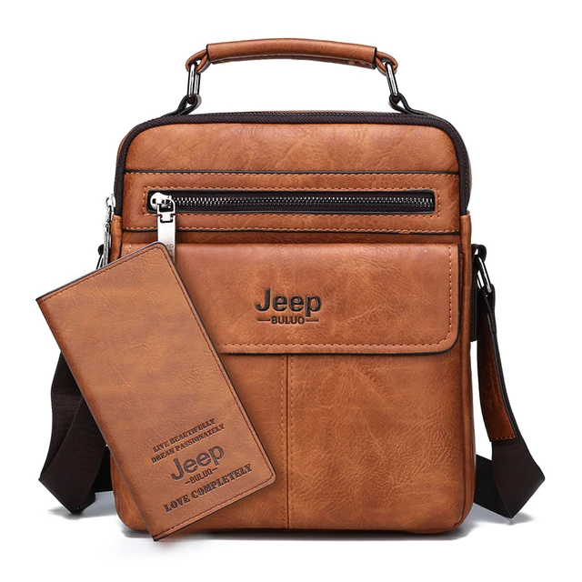 JEEP BULUO Brand Men's Crossbody Shoulder Bags High quality Tote Fashion Business Man Messenger Bag Big Size Split Leather Bags Set-Orange