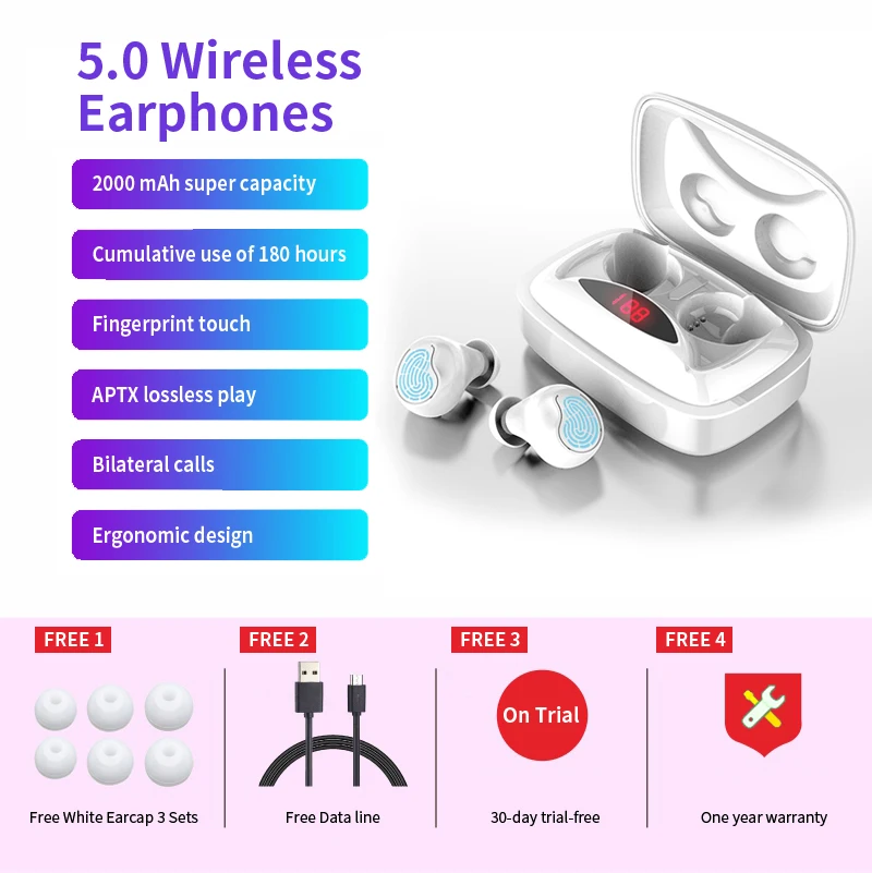 Наушники-вкладыши TWS Bluetooth 5,0 наушники мини Беспроводной наушники с 2000 мАч светодиодный Мощность Дисплей сенсорная кнопка Шум снижение Спорт Bluetooth гарнитура