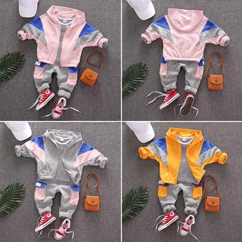 

2019 Spring Autumn Baby Kids Boys Sport Sets Cotton Black White Striped T-shirt+Patchwork Hoodie Coat +With Pocket Trousers Sets