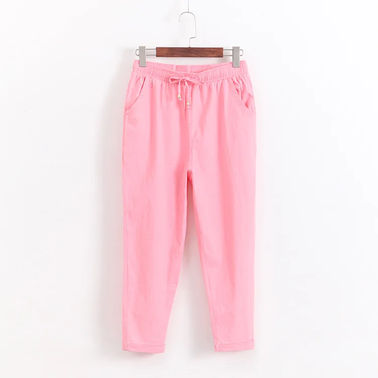 pink Женские штаны-шаровары размера плюс 5xl из органического хлопка и льна с высокой талией, повседневные брюки с эластичным поясом и завязками - Цвет: pink