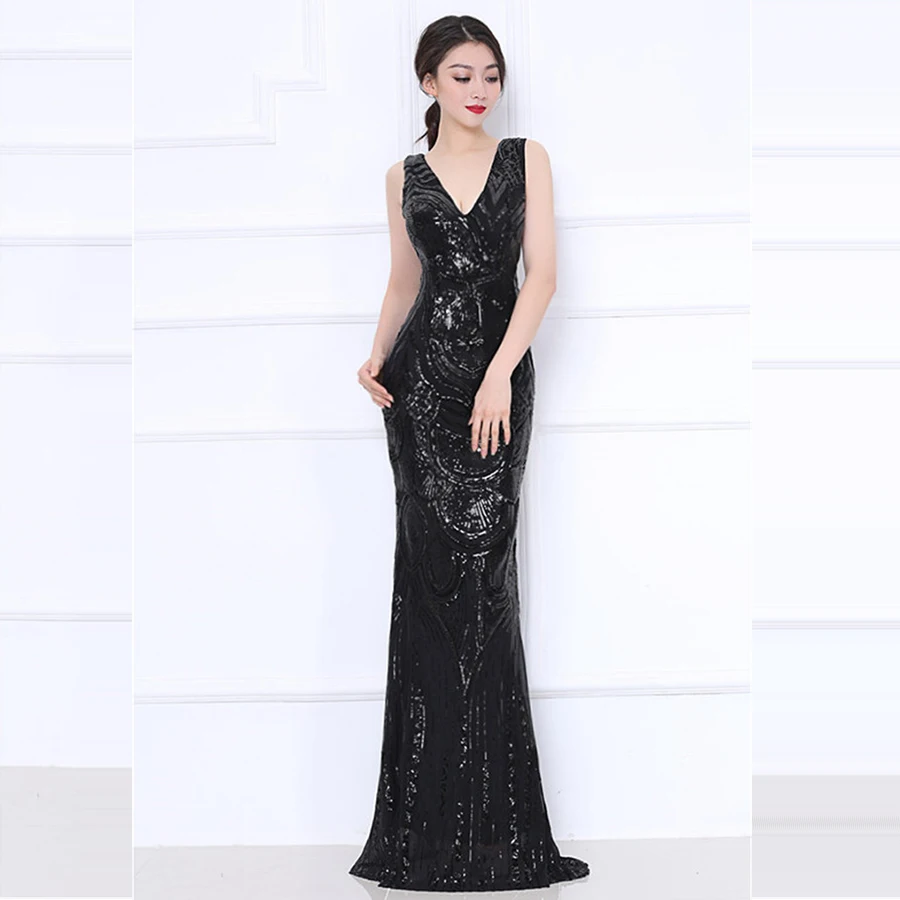 Вечернее платье, шикарное, с блестками, элегантное, Robe De Soiree, v-образный вырез, без рукавов, вечерние платья для женщин, Русалка, вечернее платье, F243-2