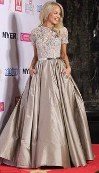 

Elegant 2019 Formal Celebrity Dresses A-line High Collar Short Sleeves Taffeta Lace Long Famous Red Carpet Dresses