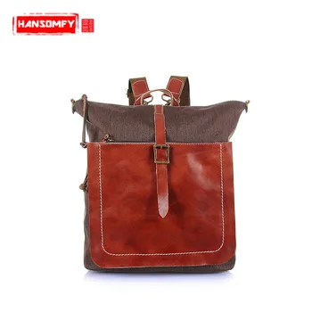 

New Large Capacity Men Backpack Handmade Vintage Canvas Suede Leather Multi-functional Shoulder Bags Canvas Travel Backpack
