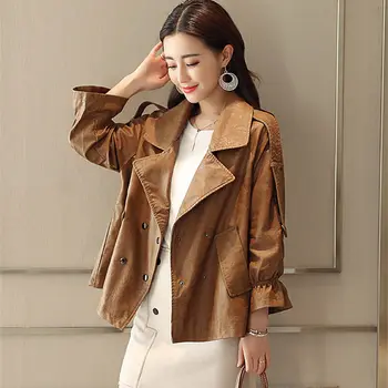 

2020 Women Faux Leather Jacket Spring Vintage Biker Coat Double Breasted Pu Leather Jacket Lady High Street Leather Coat